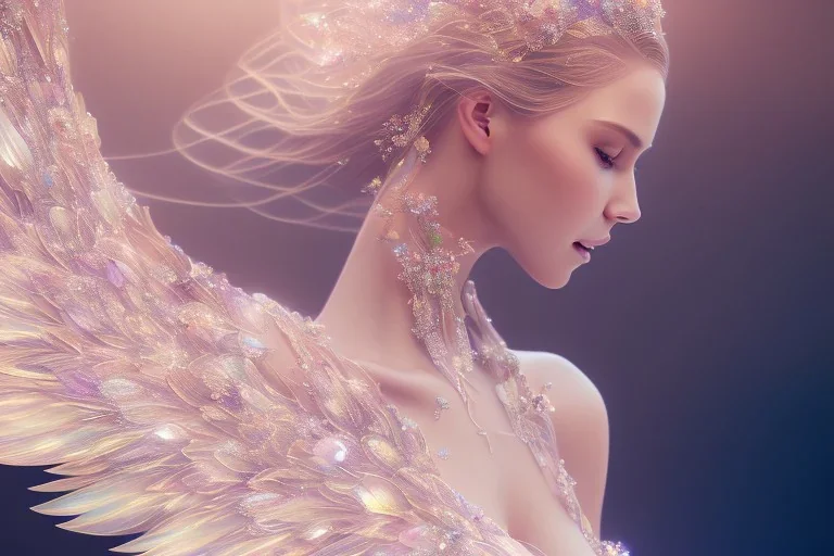 beautiful fairy very etheric, smiling, delicate colors, transparent wings, beautiful glamour dress, ultra sharp focus, 8k, unreal engine 5, extremely sharp detail, light effect, soft light atmosphere, smooth