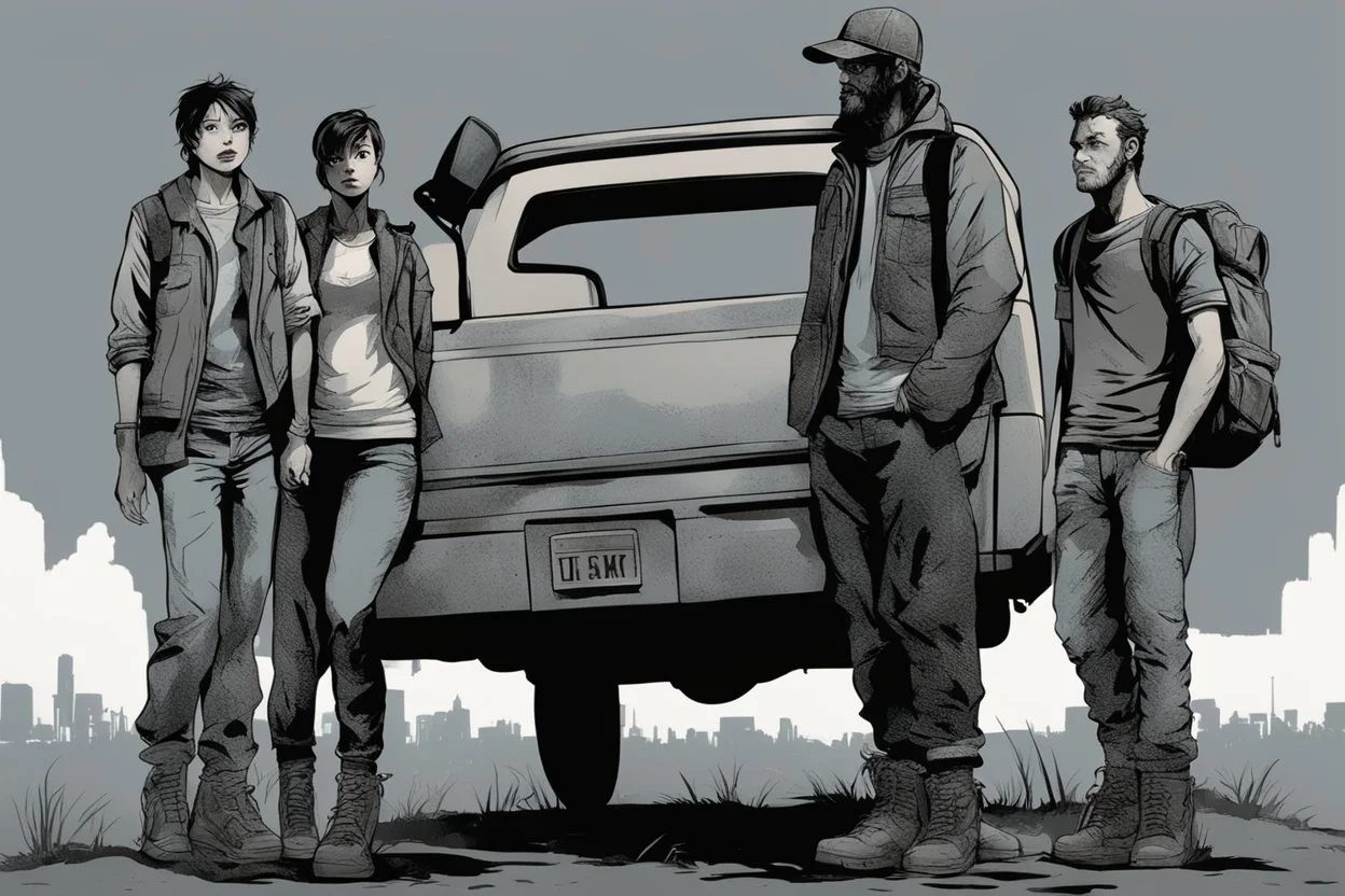 four persons, standing, silhouette, comic book,post-apocalypse, gray background, backpack, pickup truck,