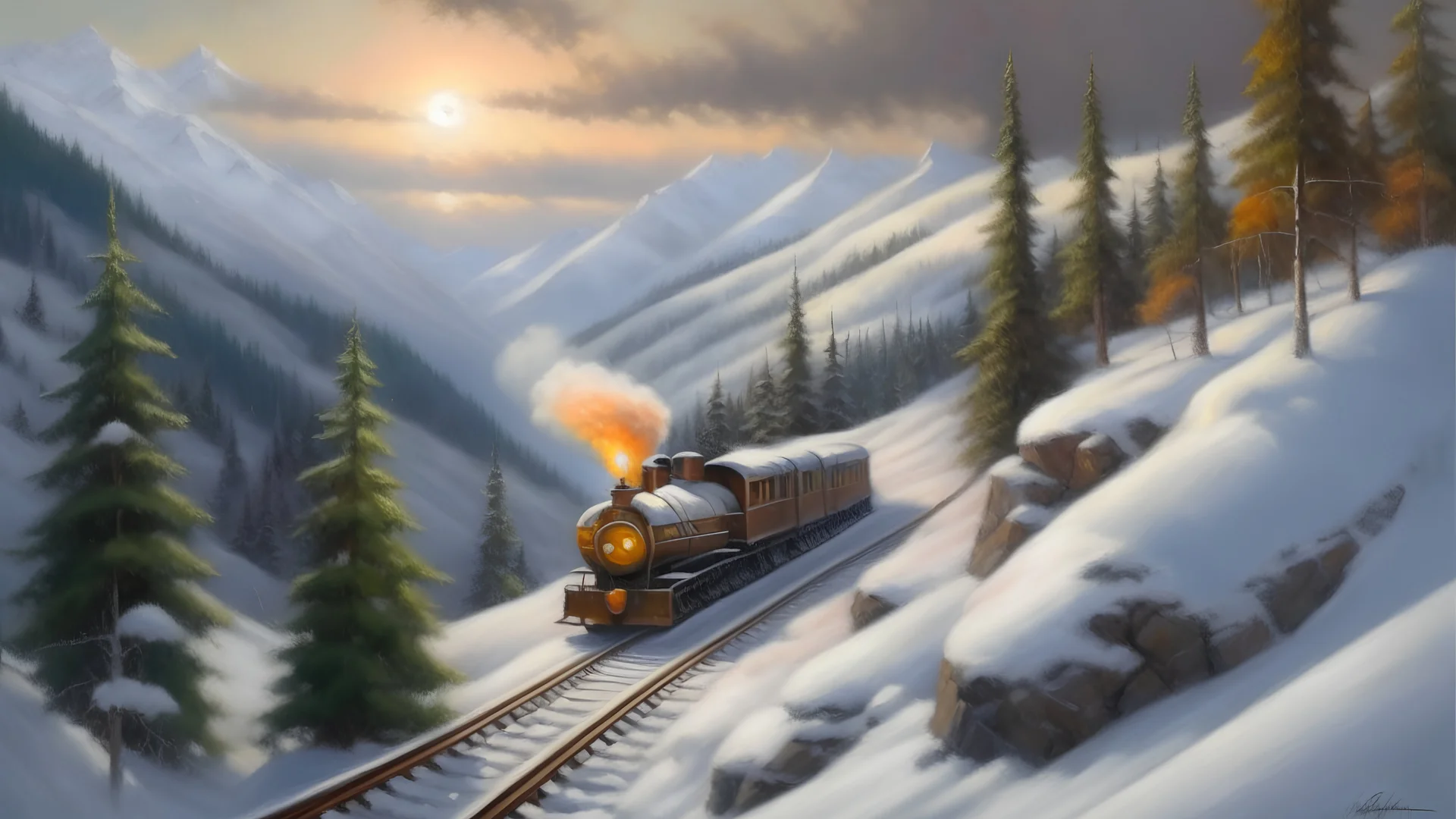 realistic oil painting of a train on a snowy mountain road, inspired by the works of Thomas Moran and Frederic Edwin Church, detailed landscape with trees and mountains in the background, soft lighting to create a sense of depth and movement, vibrant colors contrasting against the white snow.