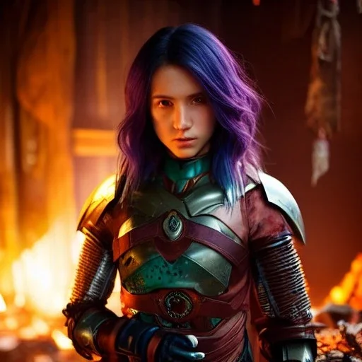 dark and gloomy full body 8k unity render, female teen cyborg, Blue yonder hair, wearing broken battle armor, at cluttered and messy shack , action shot, tattered torn shirt, porcelain cracked skin, skin pores, detailed intricate iris, very dark lighting, heavy shadows, detailed, detailed face, (vibrant, photo realistic, realistic, dramatic, dark, sharp focus, 8k)