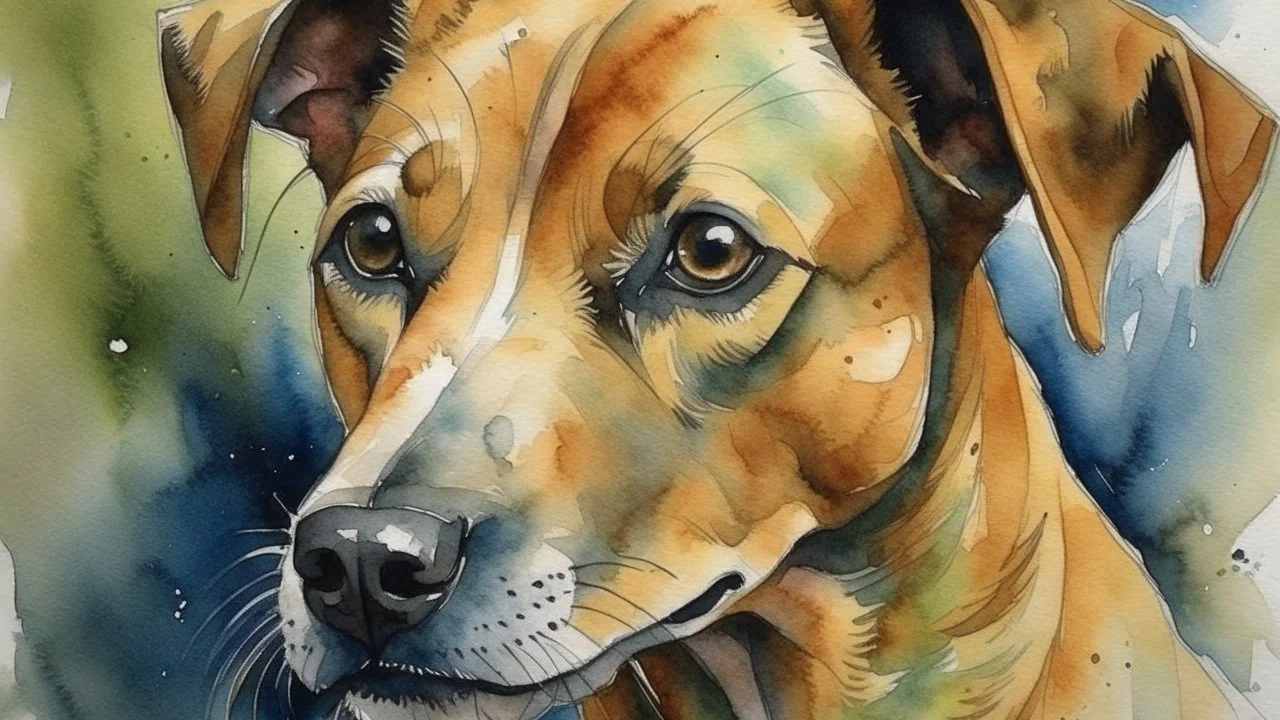 WATERCOLOR, DOG WITH SAD EYES, FINE DRAWING,