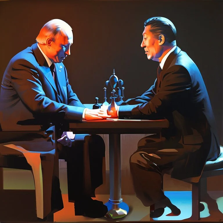 Putin, President Xi Of China And Joe Biden Play Chess between lights and shadow With A Pigeon,And Atomic Bomb Mushroom Cloud,Complex Surgical Instruments Intermixed With A Newborn Boy,Minimalism,Painting By Adrian Ghenie,Rene Magritte,Pablo Picasso,Michelangelo,Salvador Dali,Lucian Freud