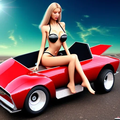 large breast bikini woman on pedal car