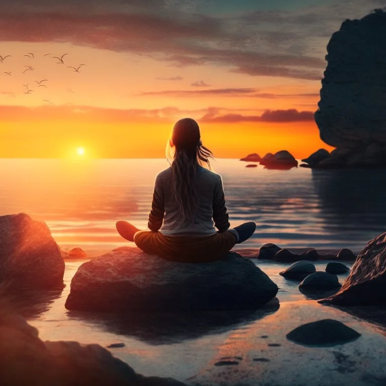 A girl is sitting on the edge of the rocks by the seashore and is meditating. The sun is setting