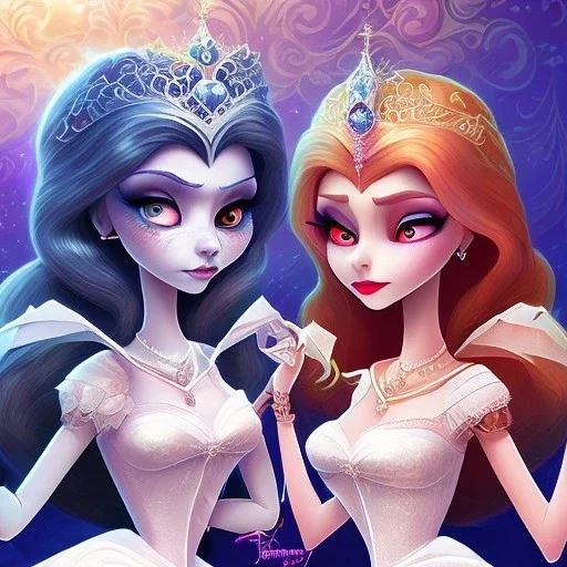 extrem tim burton style and disney style of the evil stepsisters, sharp focus, beautiful eyes