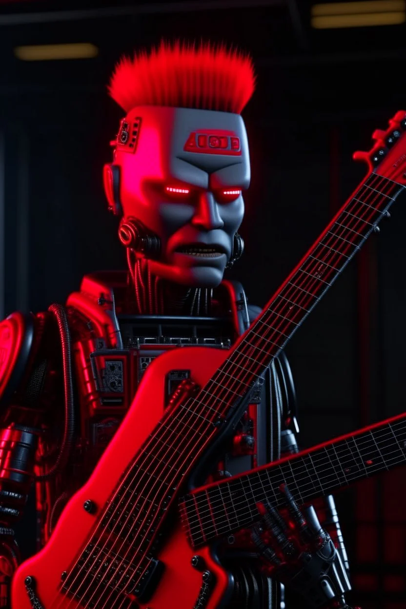 4K realistic A robot terminator with a red punk crest playing bass