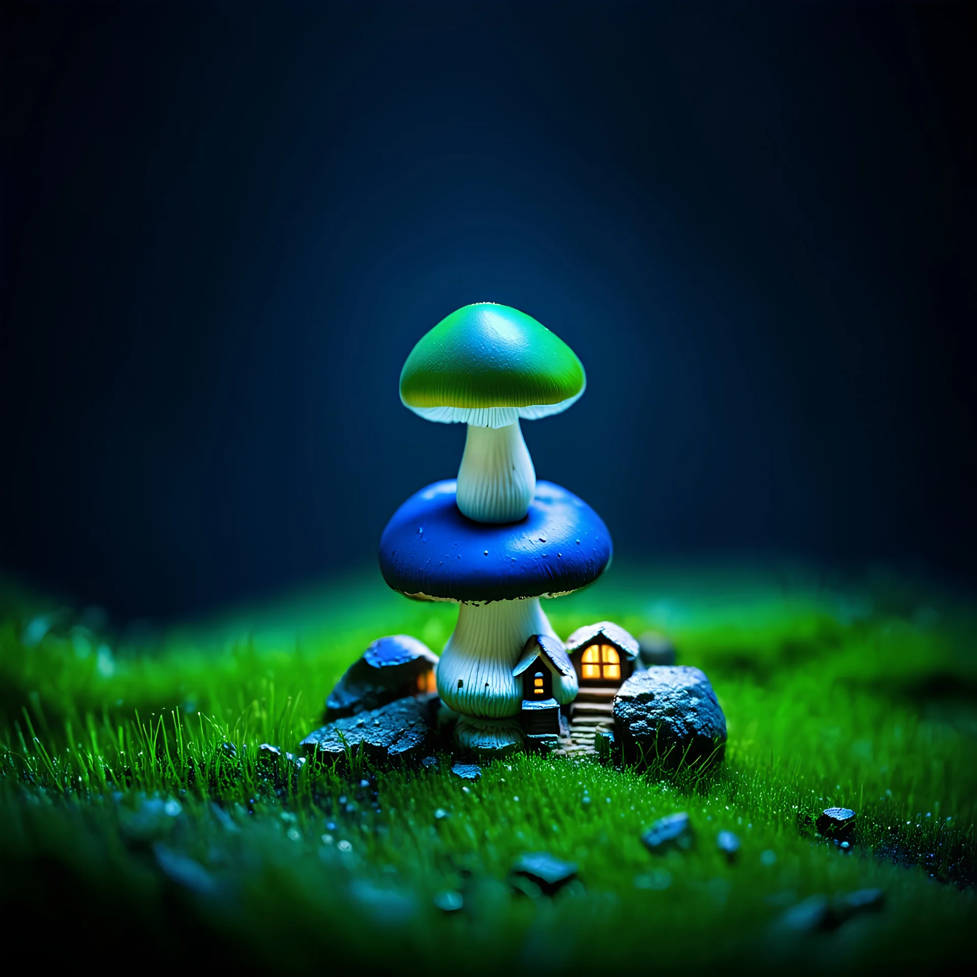 "Close up of a wonderful tiny Mushroom Tower home. indigo and green with bright white, deep black and contrasting tones of gray. Illuminated bioluminescent forest. Professional painter, master at composition. small but detailed. broken, blurred background, voluminous lighting"