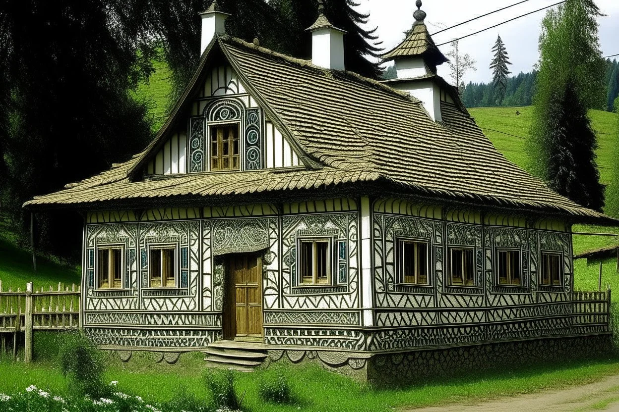 schita cu tema casa taraneasca din Bucovina , incadrata bine in rama , hasurat cu linii fine , cu mare acuratete si contrast , stil gravura pe metal