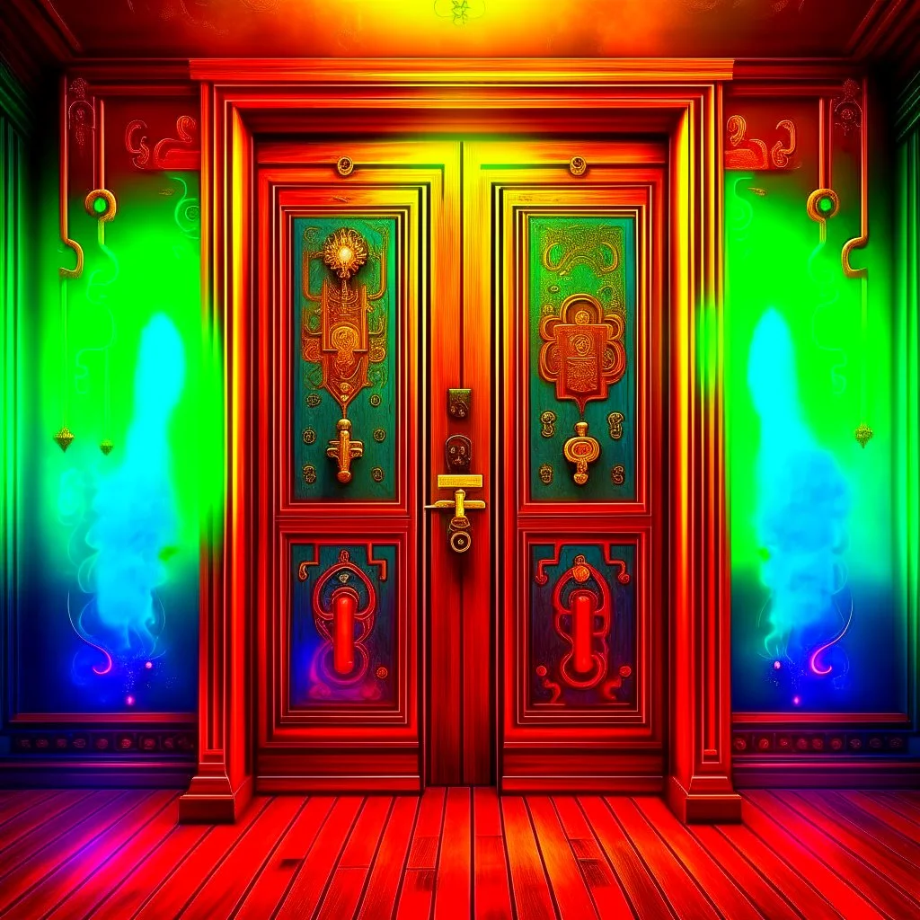 Half opened massive wooden door with lots of engraved magical symbols. Colorfull magical smoke coming out of the door opening. Harry Potter. Magical. Epic. Dramatic, highly detailed, digital painting, masterpiece