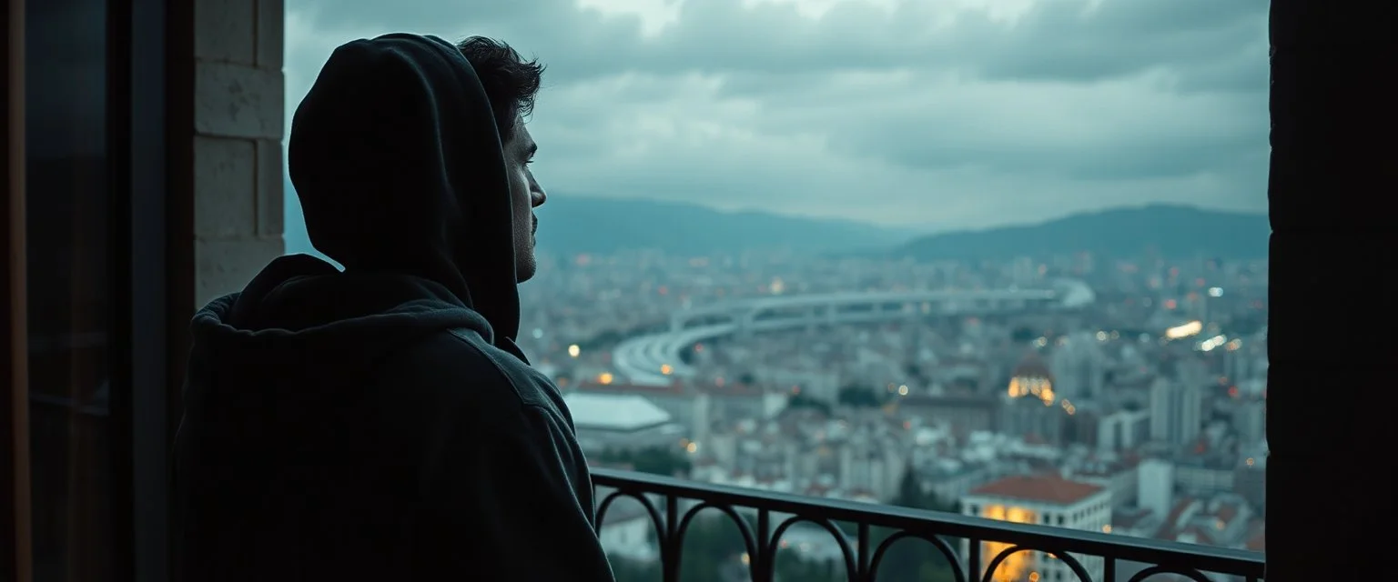 man in a hoodie watching to the city from the balcony by andrea del sarto