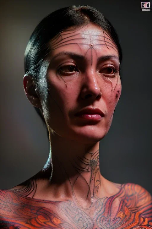 Ultra Realistic image, 38 years old Spanish woman, portrait, small complexion, natural small busty, traditional Japanese tattoo, jakuza style, vibrant color, highly detailed, art stations, concept art, smooth, unreal engine 5, god rays, ray tracing, RTX, lumen lighting, ultra detail, volumetric lighting.