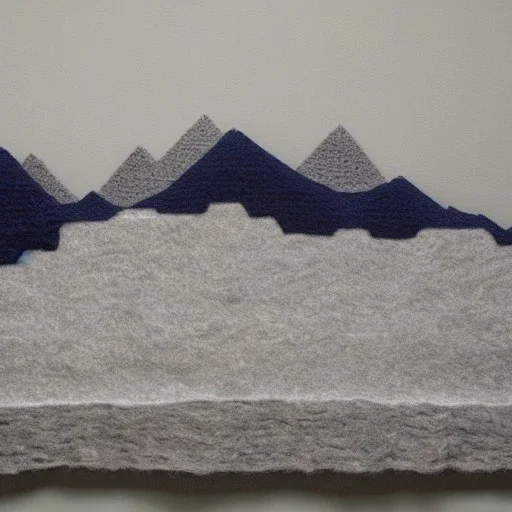 Model of Niesen made of wool knitting, grey, black and white, mountains in the background