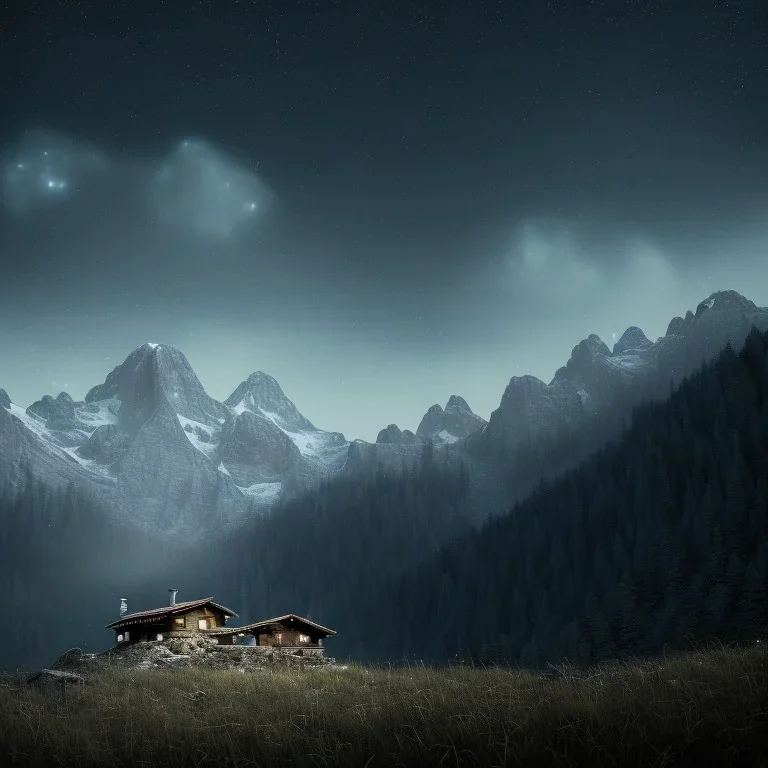 Murder mystery, sense of fear, mountain hut in the background, Alps, night sky, 8k, HD, cinematography, photorealistic, Cinematic, Color Grading, Ultra-Wide Angle, Depth of Field, hyper-detailed, beautifully color-coded, insane details, intricate details, beautifully color graded, Cinematic, Color Grading, Editorial Photography, Depth of Field, DOF, Tilt Blur, White Balance, 32k, Super-Resolution, Megapixel, ProPhoto RGB, VR, Halfrear Lighting, Backlight, Natural Lighting, Incandes