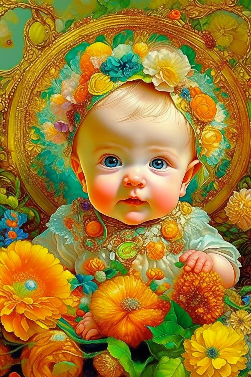 A baby with flowers, very cute, smooth, active sequins, elegant fantasy, intricate, 8k, oil on canvas, beautiful, high detail, fantastic view, hyperrealistic, over-detailed, clear quality, colorful, artgerm, Alphonse Mucha, Catherine Abel. Catherine Welz Stein. Dmitry Vishnevsky. Gustav Klimt, R. Giger. Jacek Yerka. Josephine Wall, Carrie Ann Baade