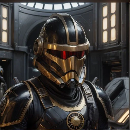 star wars bald male corellian pilot wearing pearlescent black and gunmetal grey First Order special forces heavy assault stealth commando armor and helmet with gold trim inside the jedi temple, hyperdetailed, dynamic lighting, hyperdetailed background, 8k resolution, volumetric lighting, light skin, fully symmetric details