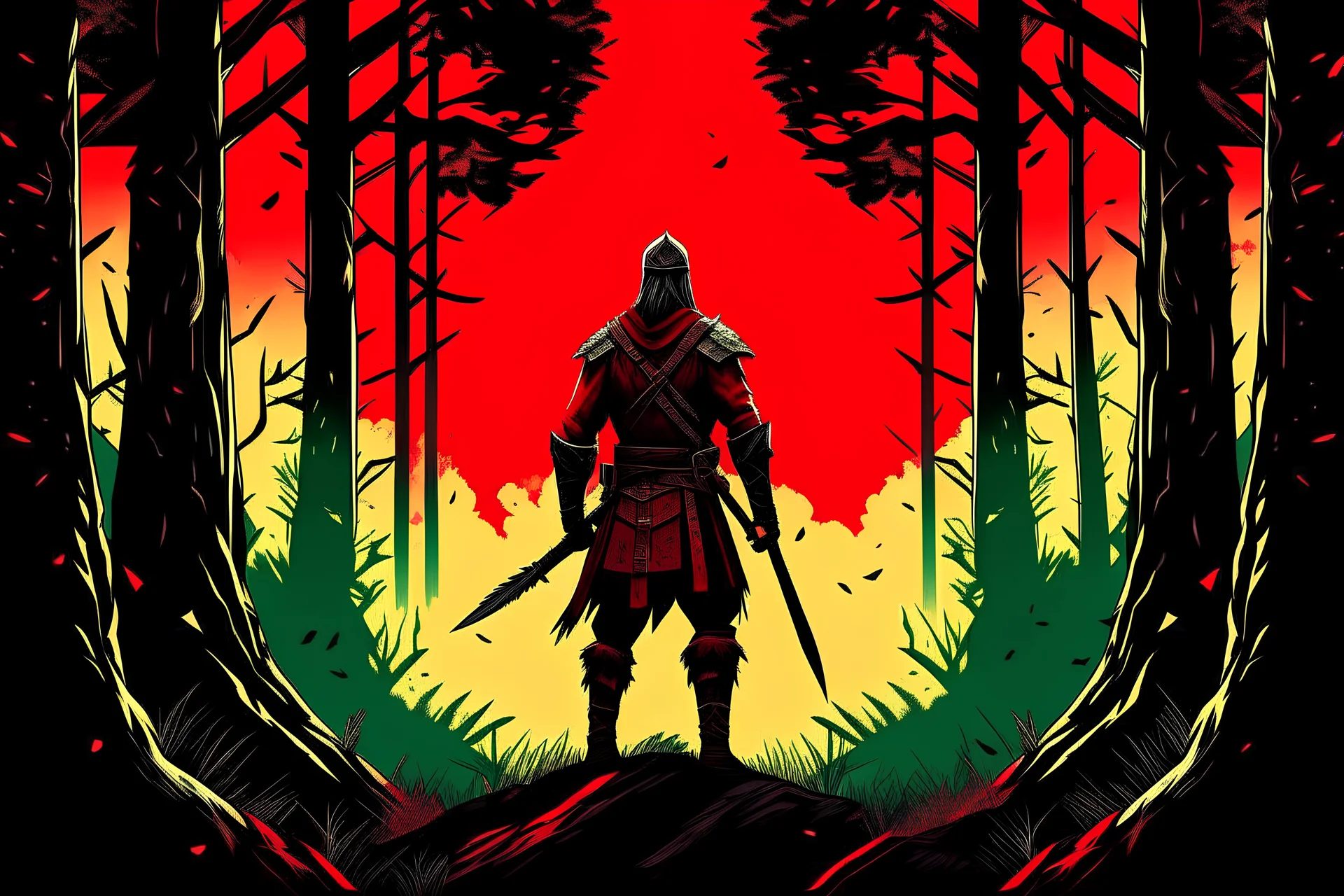 Warrior in red dead redemption style with forest after war background