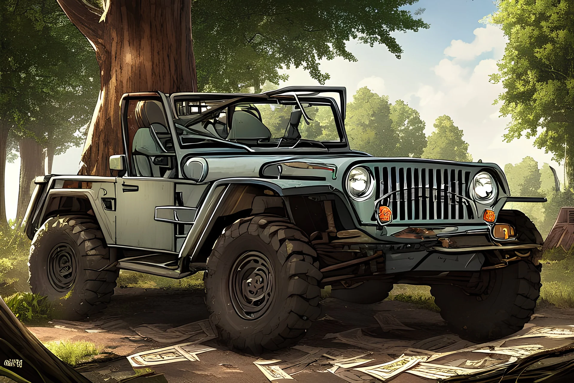 tree made of money with roots wrapped around a jeep while the jeep is trying to drive off but is stuck pulling the tree and smoke is coming out of the car while the tree is leaning from the power of the car