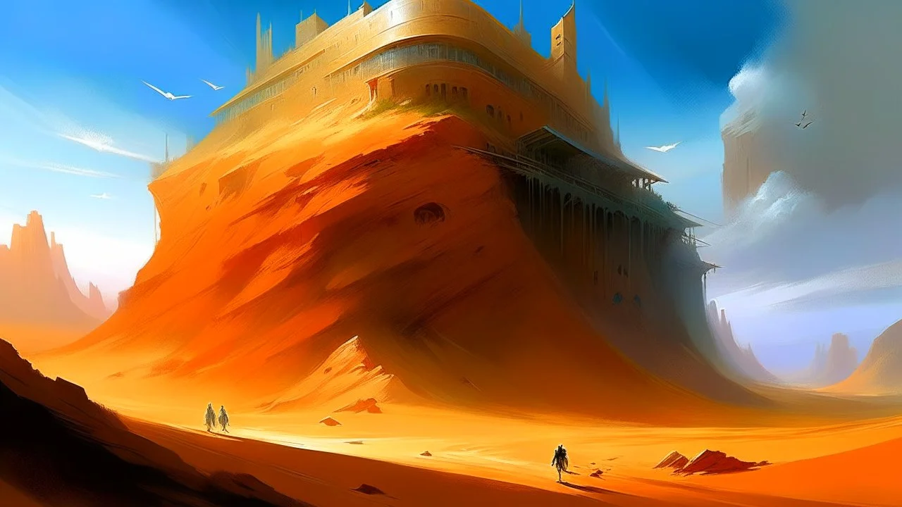 Dune like world, with a building cut into rock, Marc Simonetti