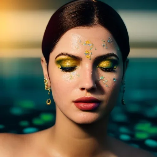 Canan Kaftancioglu underwater with yellow flowers for hair, closed eyes, rtx, reflection, 8k, glow, winning photography, caustics