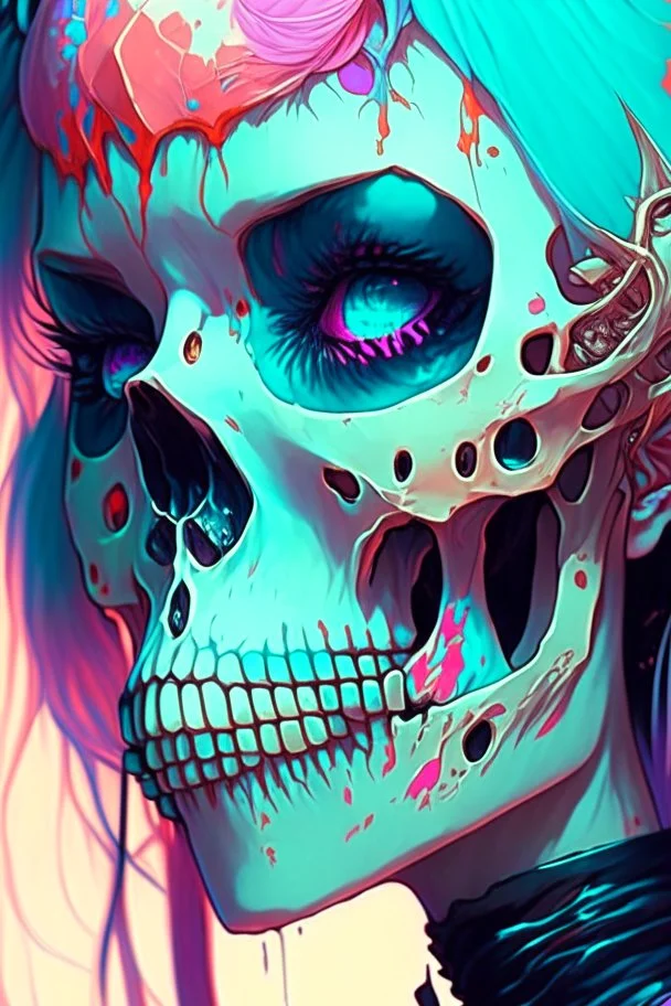 a close up of a person with a skull on their head, anime skull portrait woman, scary detailed art in color, hiroyuki-mitsume takahashi, nychos art aesthetic, half woman half skeleton, anime cyberpunk art, colored manga art, rossdraws pastel vibrant, cold colors. insanely detailed, beautiful anime portrait, stunning anime face portrait, scary art in color