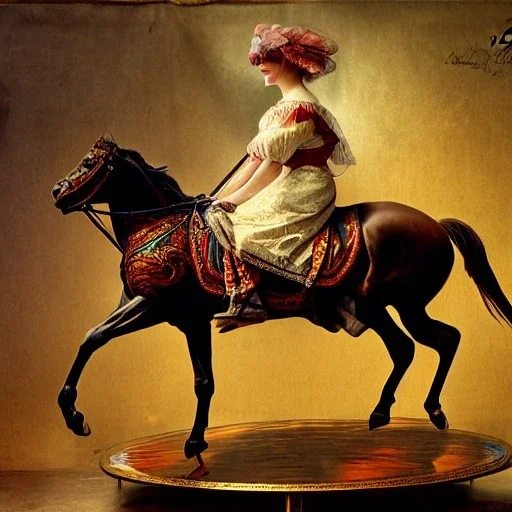 beautiful woman sitting on ultra-detailed carousel horse, 1800s, chiaroscuro lighting , 8k UHD, matte painting, illustration, renaissance, artwork, high-quality, intricate detail, rocco, greg rutowski, howard lyon, alphonse mucha