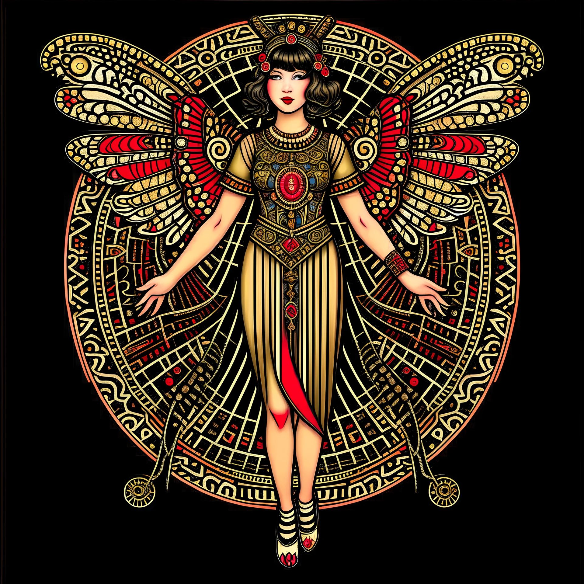 Full Body, Art Nouveau Woman With A Bob With A Fringe Hairstyle, Cleopatra Clothing, Steampunk Metal moth with red wings, Black Background