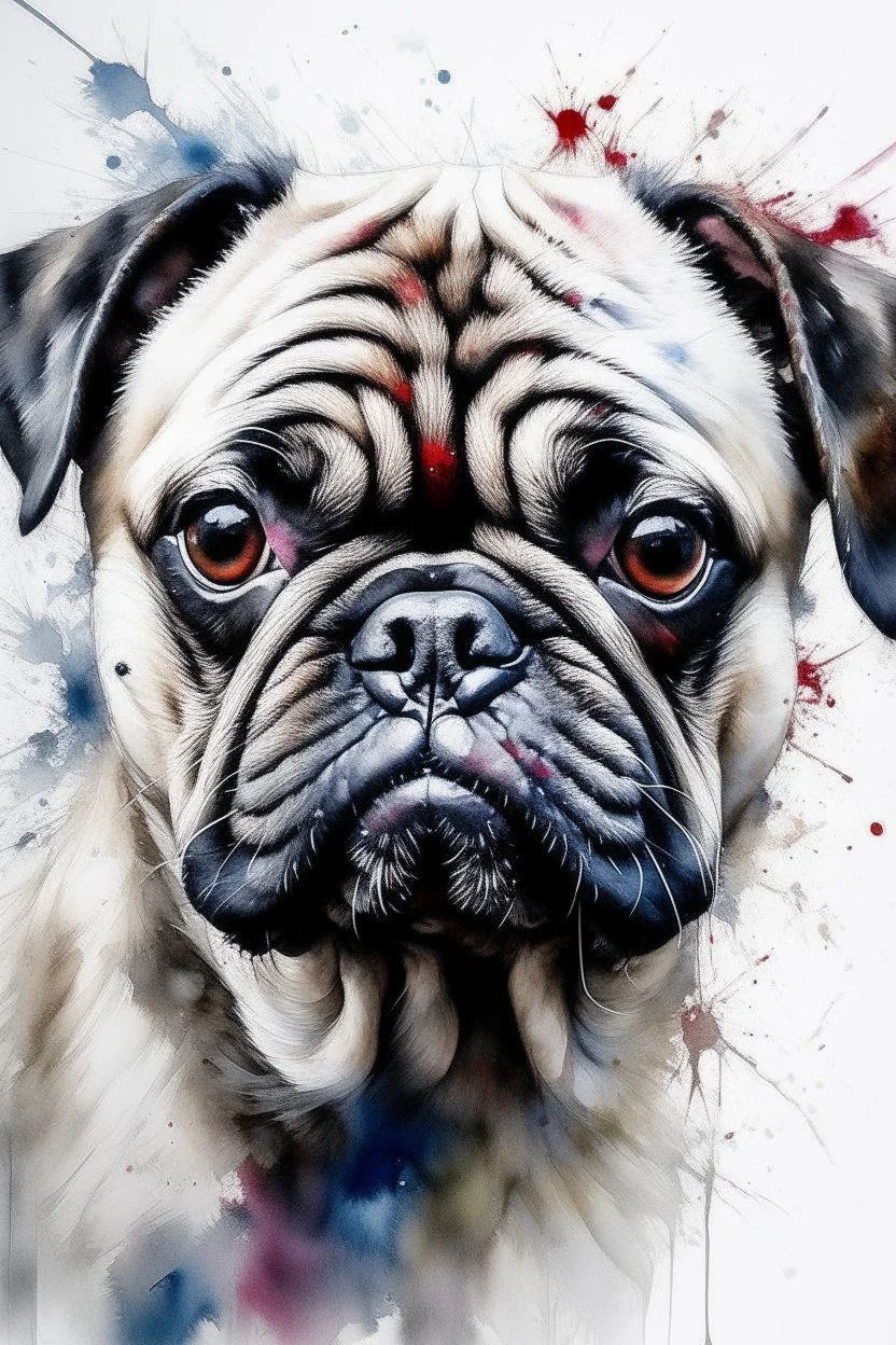 A portrait of a pug by Agnes Cecile by Willem Haenraets, loose watercolour, wet on wet and splattering techniques, centred, perfect composition, abstraction,