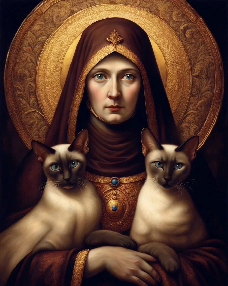 hauntingly illuminated medieval portrait of Saint Gertrude of Nivelles, her serene yet commanding presence radiating from the gilded frame as if stepping through time. Dressed in flowing 7th-century abbess robes of deep burgundy and gold, she cradles two sinuous Oriental Shorthair chocolate point Siamese cats like sacred relics—their piercing blue eyes glowing like sapphires against velvety sepia fur, their angular faces turned toward her with feline reverence. One paw rests on her embroidered s