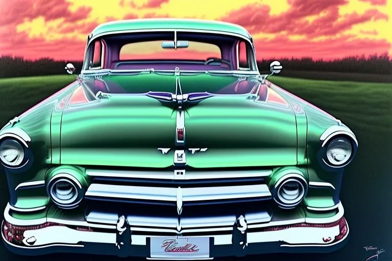 a true-to-life 1952 ford mainline sedan, classic wheels, centered, intricate, extreme detailed, photorealism, center view, suburb background, pivot on ford, pen and color marker, painting by cheryl kelley