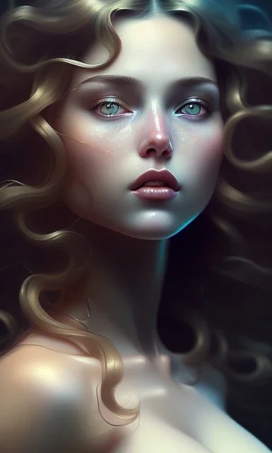 porno model , cute, beautiful, long hair, wavy hair, curly hair، black eyes, full body, cinematic, 8k, resolution concept art portrait by Greg Rutkowski, Artgerm, WLOP, Alphonse Mucha dynamic lighting hyperdetailed intricately detailed