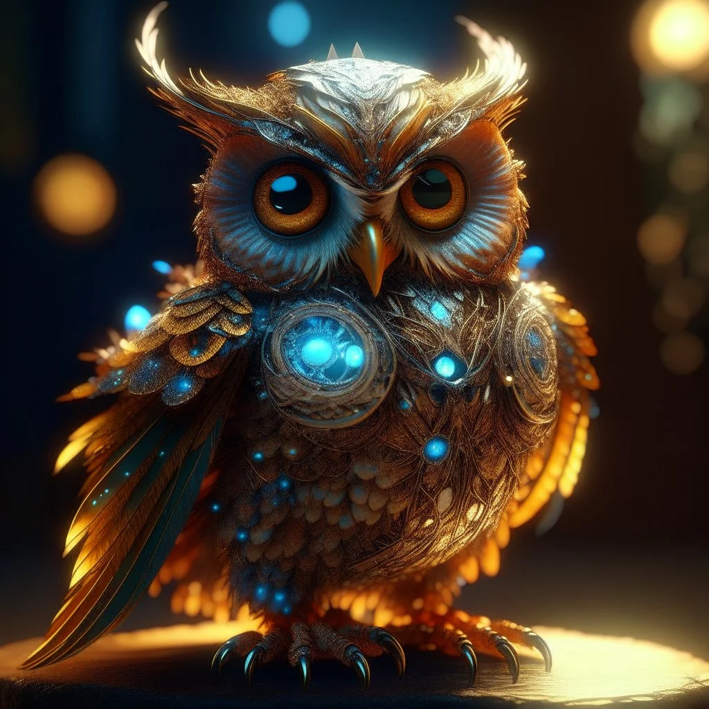 Cute and adorable fantasy owl, Bird-of-Paradise, sparrow, full body, shiny metallic jeweled depth, glowing smoke neon eyes, hoarfrost metal lace, fantasy, sunlight, sunbeam, intricate detail. 8k, dreamlike, surrealism, super cute, symmetrical, soft lighting, trending on artstation, intricate details, highly detailed, unreal engine, by ross tran, wlop, artgerm and james jean, Brian Froud, art illustration by Miho Hirano, Neimy Kanani, oil on canvas by Aykut Aydoğdu, oil painting, heavy strokes, p