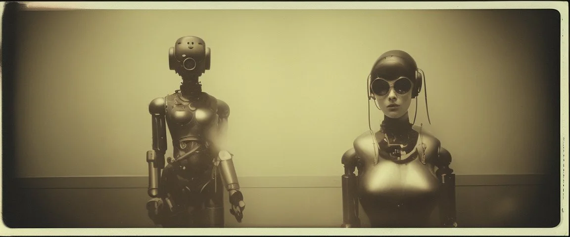 steampunk, vintage analog polaroid of a woman robot, female body, fog, lomography, heavy film grain, night, color bleed, depth of field, bokeh, retro