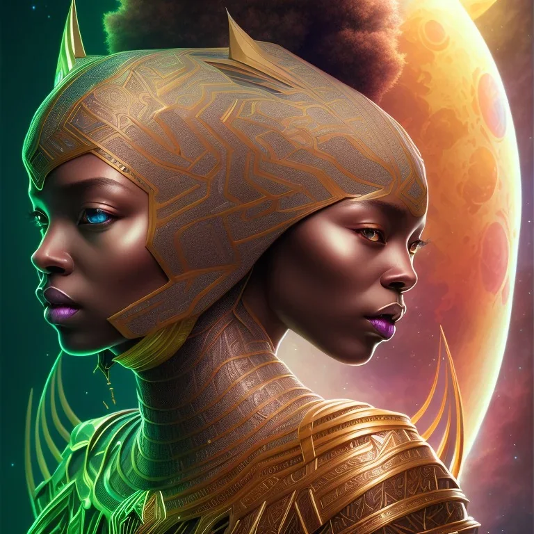 sango fantasy, fantasy magic, intricate, sharp focus, illustration, highly detailed, digital painting, concept art, matte, artgerm and paul lewin and kehinde wiley, masterpiece Asian black panther Papu New Guina pyramid green space lady space blood moon galaxy