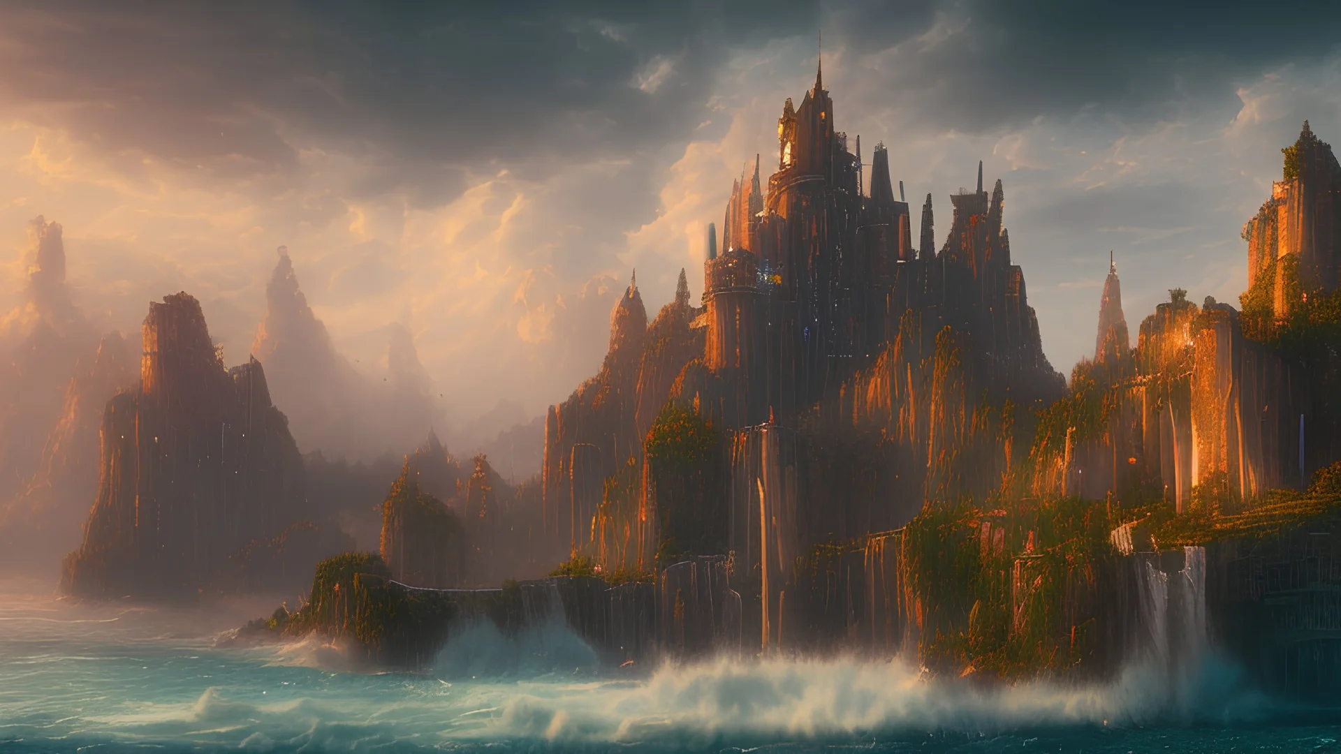 Atlantis, fantasy, landscape, realistic, volumetric lighting, 8k, RTX, style Albert Bierstadt, style John Pitre