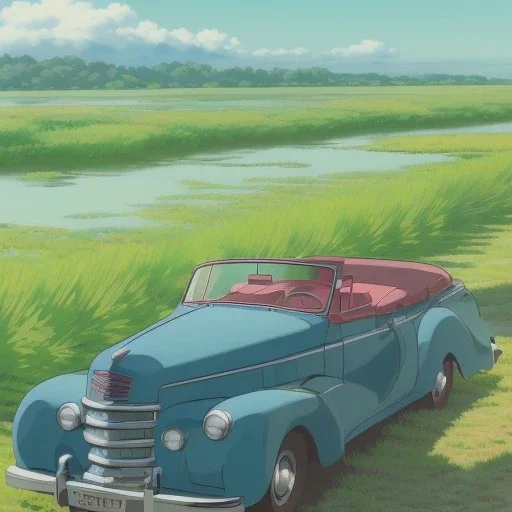 old cabriolet Cadillac front, de côté, metallic blue, in the green countryside with a beautiful blue sky