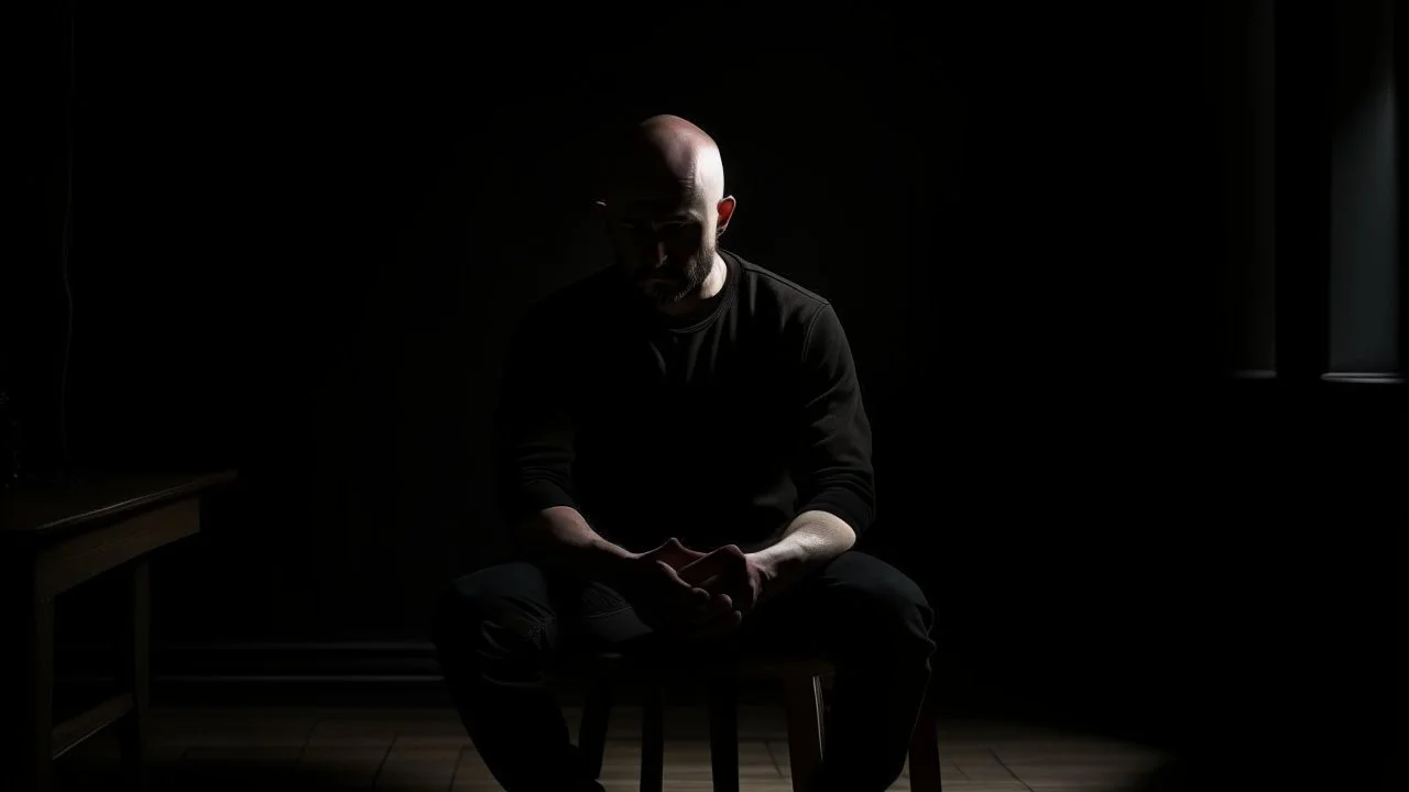 ، يظهر رجل جالس على كرسي في غرفة مظلمة. وجهه غير واضح، لكن يمكن رؤية عينيه مغمضتين. الرجل يرتدي ملابس سوداء، ويبدو أنه في حالة من الهدوء والتأمل.