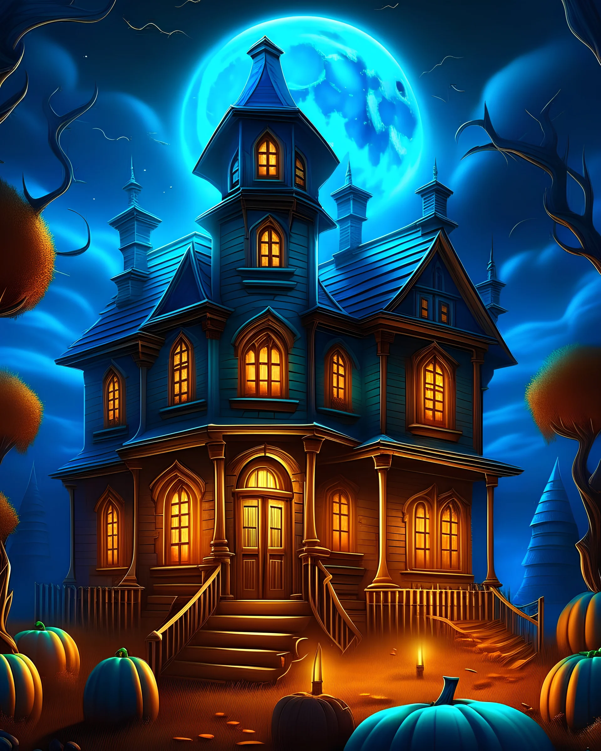 Generate a high-resolution, photo-realistic image of a vibrant blue haunted house with eerie architectural details, set in a spooky Halloween scene. In the foreground, place two pumpkins stacked, the top one carved and glowing. A haunted skeleton should be emerging from near the pumpkins. Include a witch flying on a broom across the large, glowing blue moon, casting shadows over the scene. Several bats should also be flying in the sky. The overall composition should be vivid and capture the chil
