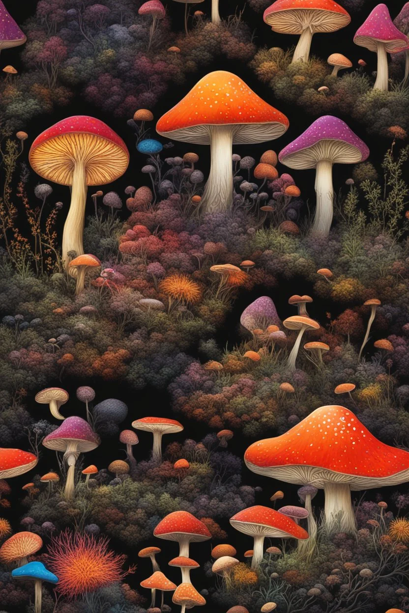 diseased Flora and fauna at thepsychedelic diseased colourful mushrooms and fungi growing from black oil with a black background in the multiverse, with alien insects flying End of the Multiverse rising from a black liquid surface.