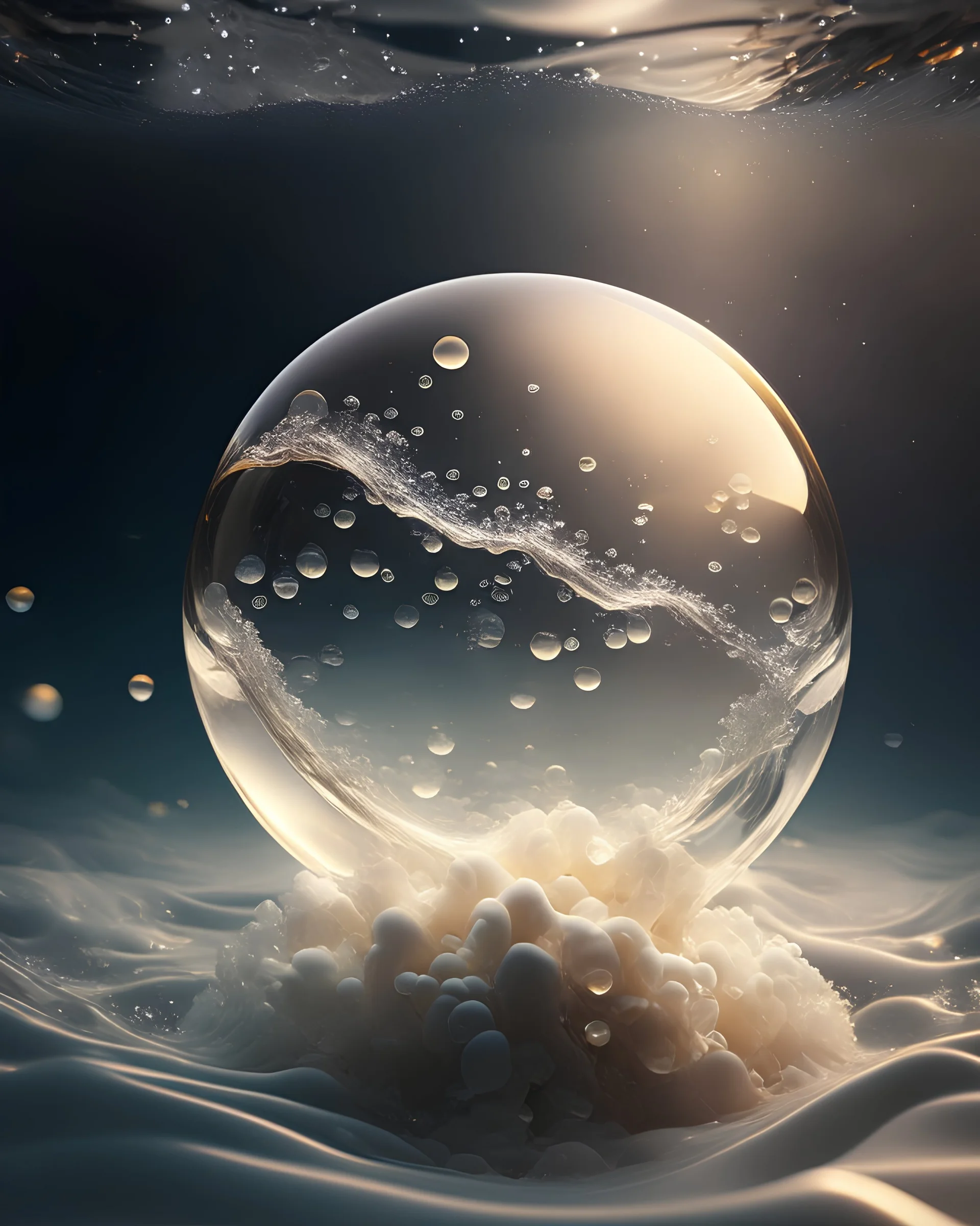 Photoreal gorgeous under ocean bubble in dark creamy water with mystical refraction