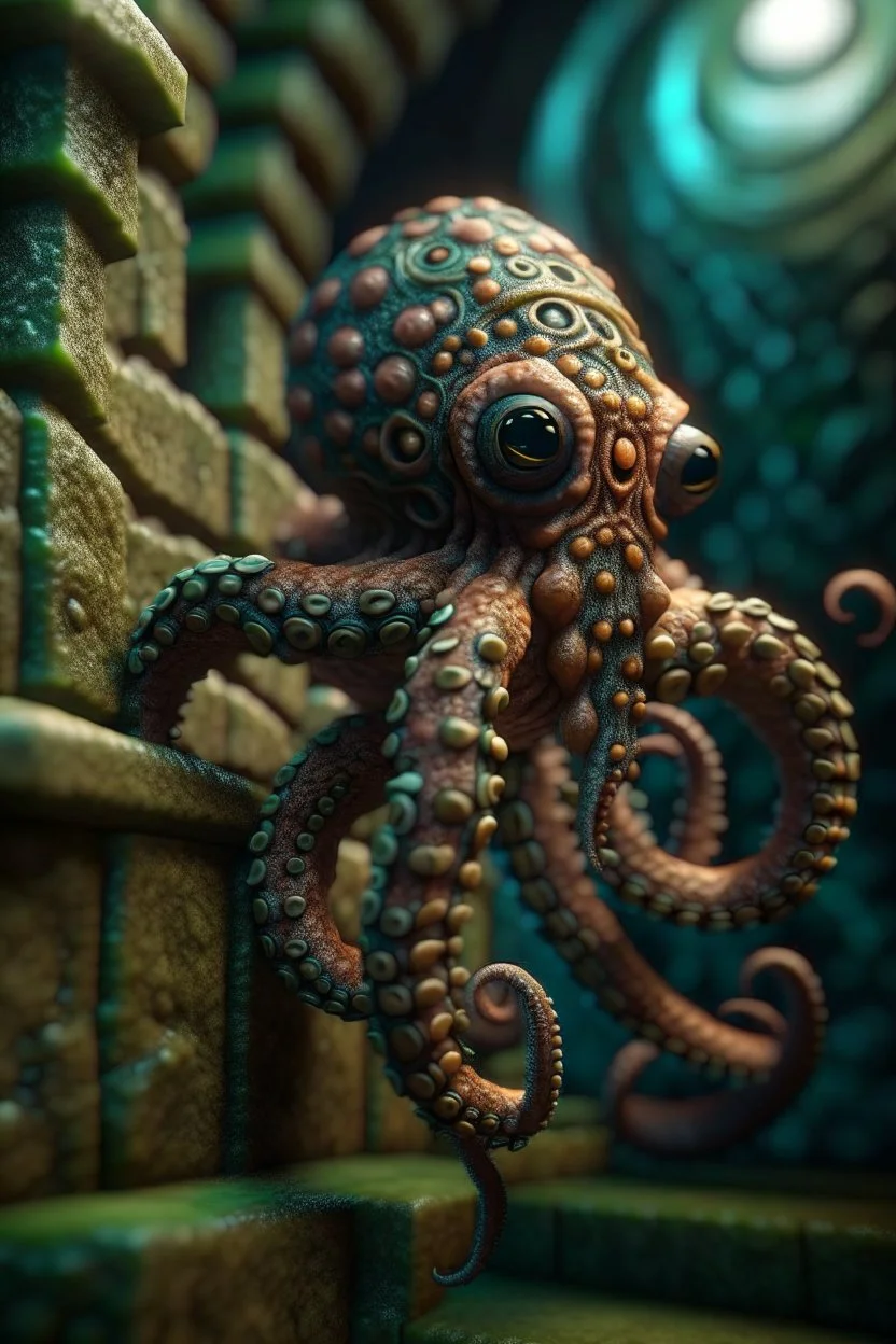 portrait of hairy octopus with human head climbing a stone ladder, in the style of fantasy movies, photo-realistic, shot on Hasselblad h6d-400c, zeiss prime lens, bokeh like f/0.8, tilt-shift lens 8k, high detail, smooth render, down-light, unreal engine 5, cinema 4d, HDR, dust effect, vivid colors, smoke, dust, fireflies