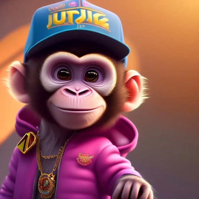 pixar style anamorphic cute monkey baby, smiling, gangsta gold neckless, wearing hat, full body, magenta puffer jacket, manila city backdrop, dramatic lighting, hyper-realistic, unreal engine 5, 16k. full detailed,