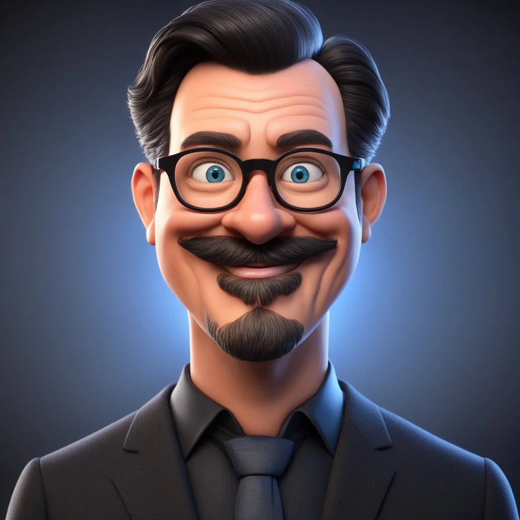 a portrait of smiling western man. 50 years old. caricature. black short hair. light skin. blue eye pupils. rectangle eyeglasses, black frame. heart face shape. extended goatee moustache. wear black formal dress. pixar style. 3D. 4k. portrait. highly detailed. sharp focus. high resolution. full color. cinema lighting