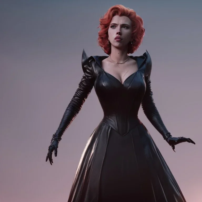 Scarlett Johansson as evil queen in black leather gown, cleavage, angry, stern look unreal 5, octane render,cinema4d, dynamic lighting, dramatic lighting, 4k, redshift render, highly detailed, hyper realistic, in space