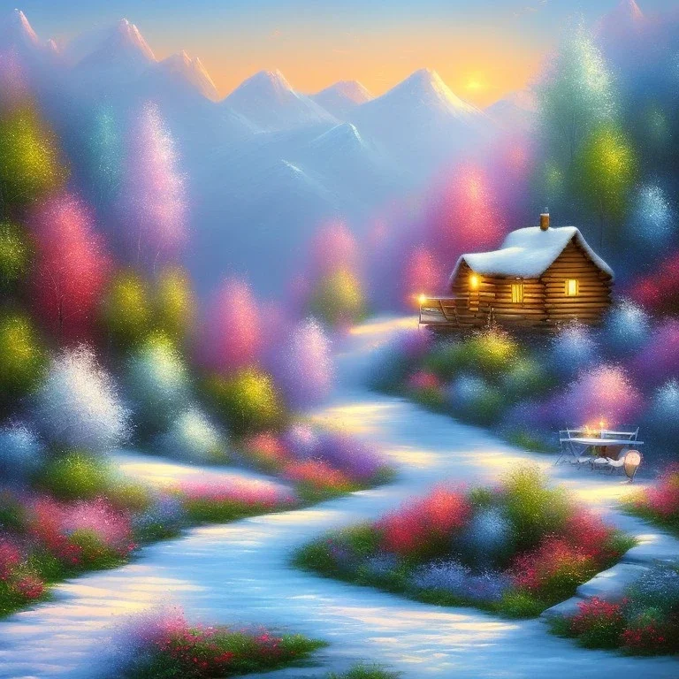 landscape mountain small cabin snow, oil painting, pink, blue, white colors, bob ross style, detailed