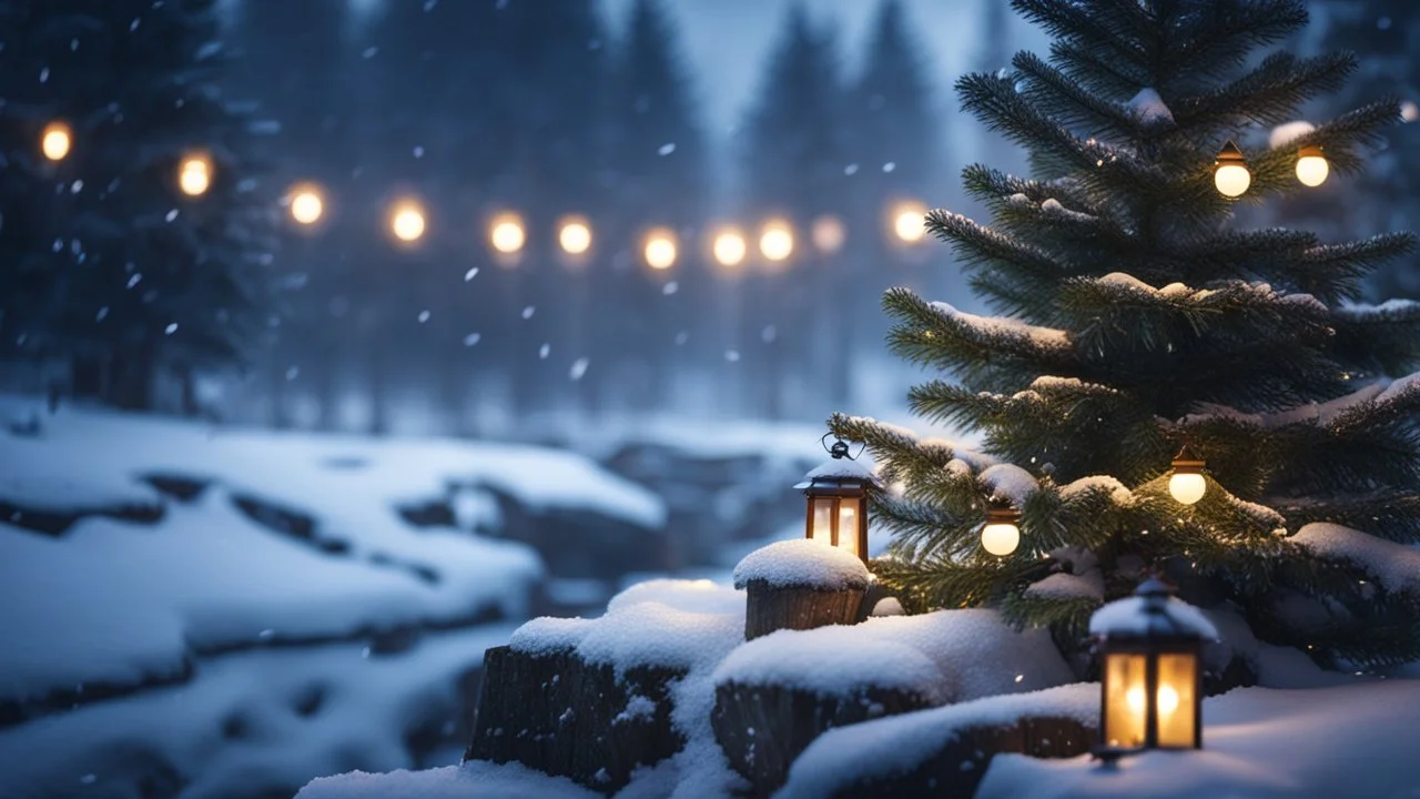 fir forrest scenery, heavy mist,,creek,forest,christmas lanterns,tree,,,night,snow,fir tree,high-quality photograph,photorealistic, shot on Hasselblad h6d-400c, zeiss prime lens, bokeh like f/0.8, tilt-shift lens 8k, high detail, smooth render, unreal engine 5, cinema 4d, HDR, dust effect, vivid colors,night