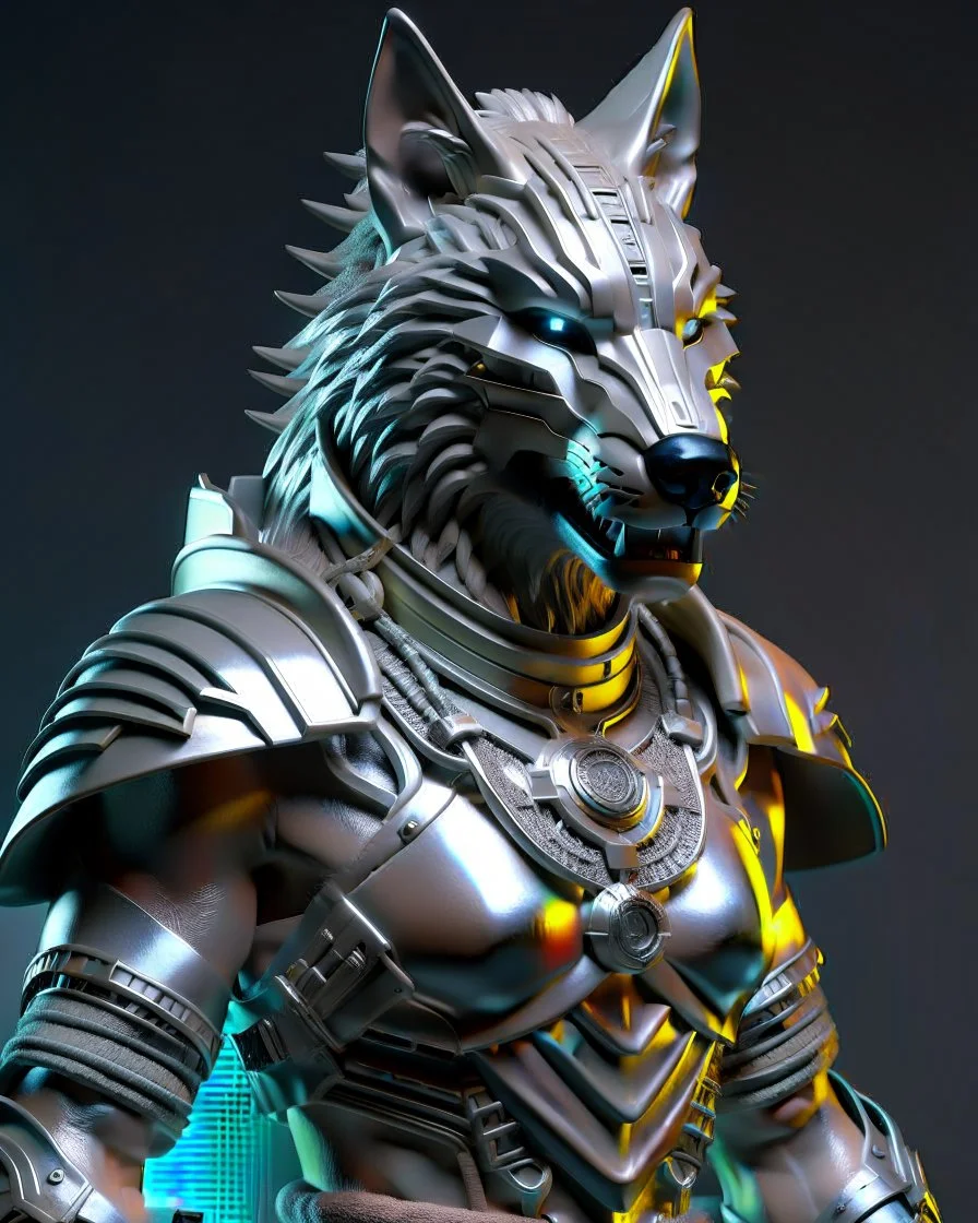 Full body 3D Portrait of a anthropomorpher Wolf in natural colours wearing futuristic face armor in realistic fantasy