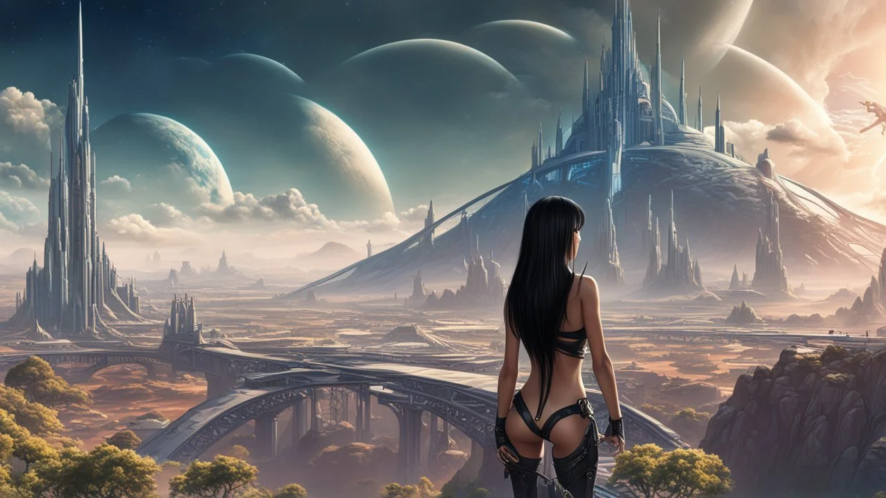 exotic slim sci-fi girl, with long dark hair with bangs, on an alien planet with cloud trees, tall spires, buildings, bridges, arches, photorealistic