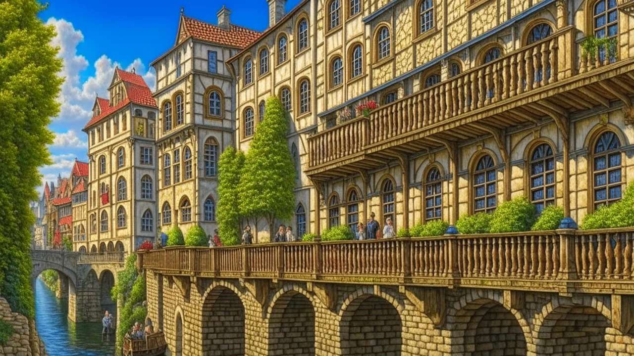 medieval buildings with balconies overhanging a river, blue sky and people, photorealism, trees, foliage, piers, intricate detail, ultra-sharp image, sharp focus