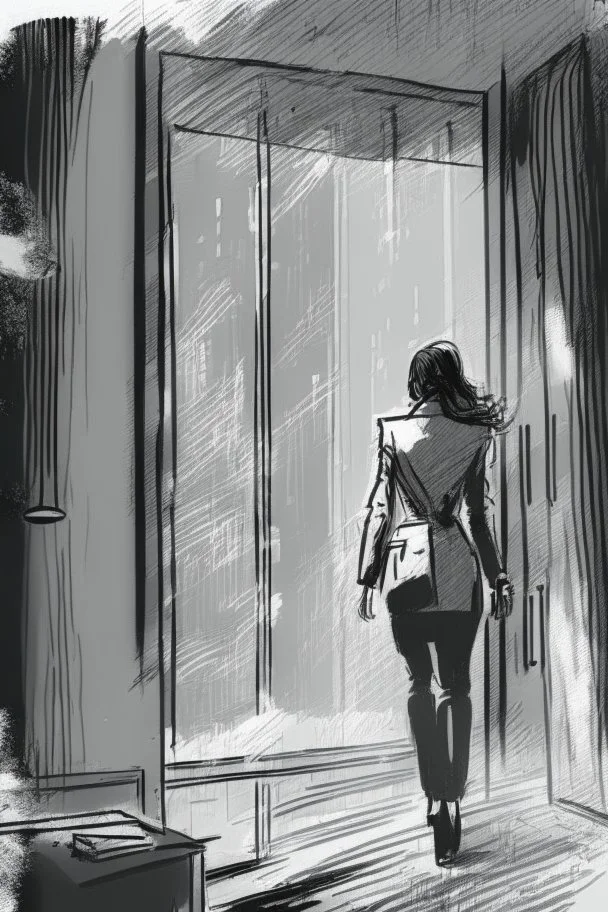 woman walking away out of someone's office with big windows sketch style