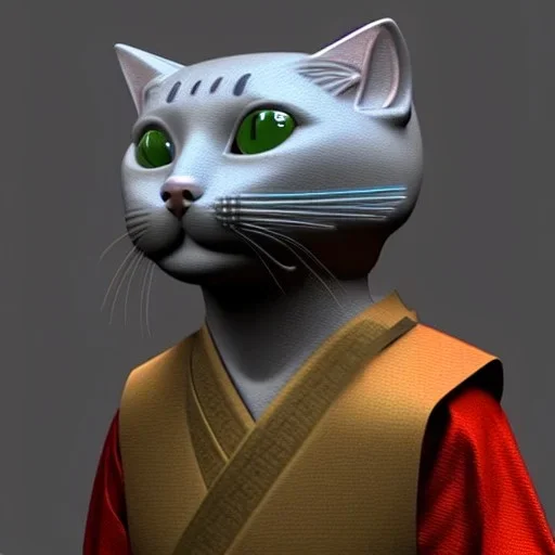 Un chat en modélisme 3d, anthropomorphique, habillé comme un samurai, très détaillé, réaliste, très précis.